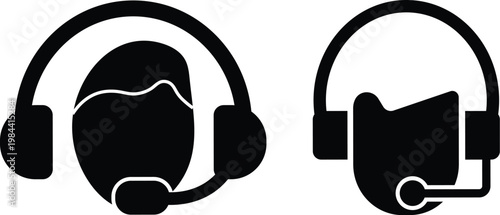 Tech Support and IT Headphone solid black color icon set. Includes listen symbols earphone for Remote Access, vector illustrator object. 