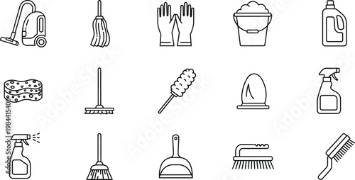 Collection of cleaning supplies including vacuum mop gloves bucket spray bottle and brushes vacuum cleaner