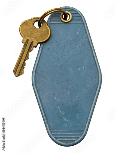 Vintage motel key with blue tag worn old blank isolated on transparent background