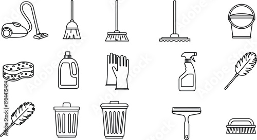 Collection of cleaning tools and supplies vacuum cleaner broom 1 bucket sponge