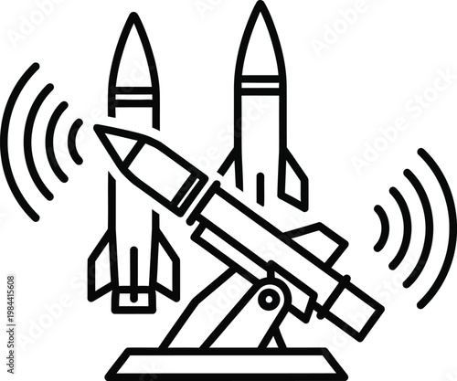 Missile launcher with two rockets and signal waves military defense