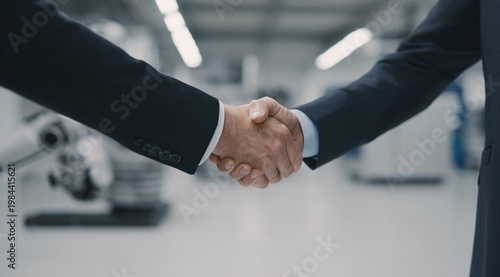 Businessmen shaking hands in industrial facility interior
