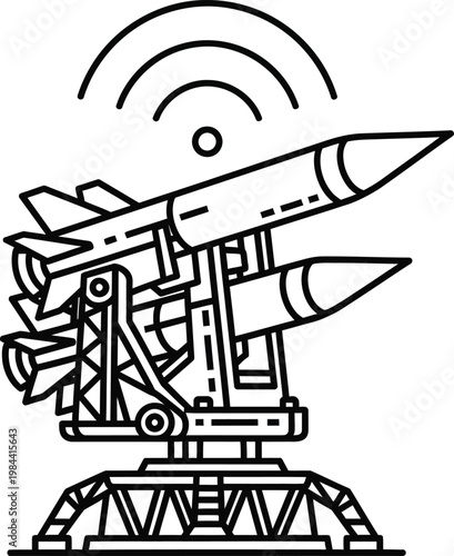 Missile launcher with radar signal and two missiles rocket military defense