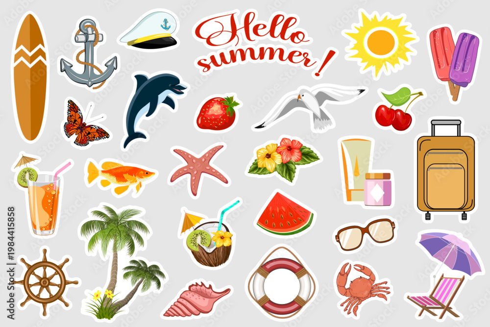 Obraz premium Summer stickers and decals in a large collection.Colored vector set of stickers and decals on the theme of summer holidays.