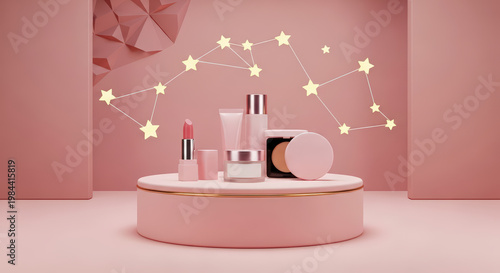 Elegant Pink Makeup Collection Displayed On Round Pedestal Under Star Constellation Soft Lighting