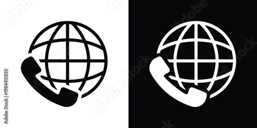 Global phone call icon featuring a world globe and telephone handset. Represents international roaming, worldwide customer support, and global telecommunications in solid black and white.
