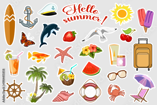 Summer stickers and decals in a large collection.Colored vector set of stickers and decals on the theme of summer holidays.