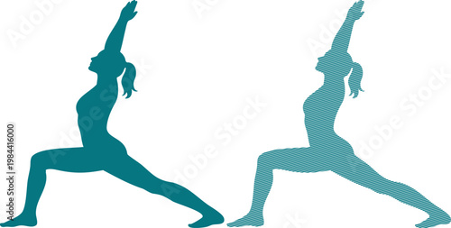 Two women in warrior yoga pose silhouettes woman warrior pose