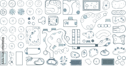 Landscape design symbols for architectural site planning, garden layout vector elements, outdoor park and backyard blueprint icons set isolated PNG with Transparent Background