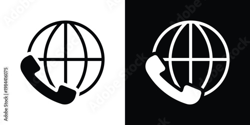 Global phone call icon featuring a world globe and telephone handset. Represents international roaming, worldwide customer support, and global telecommunications in solid black and white.