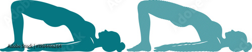 Two women in downward facing dog yoga poses in teal silhouette