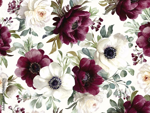 Watercolor floral seamless pattern with burgundy and white anemones, eucalyptus leaves