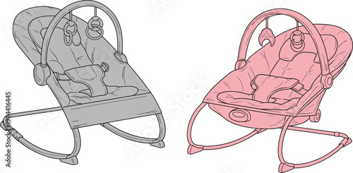Baby bouncer rocker seats with padded cushions, curved frames, toy bars, and color variations for infant comfort and stimulation illustration