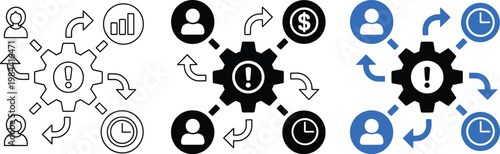 Business crisis management icon featuring financial risk analysis and time efficiency strategy for corporate planning and management systems