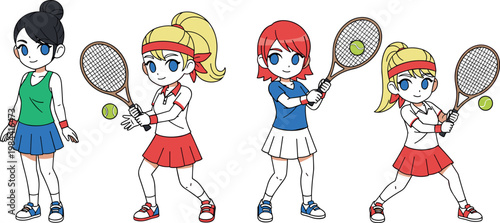Tennis Girl Vector Set with Tennis Rackets, Sportswear, and Action Poses for Tennis, Sports, and Youth Illustration