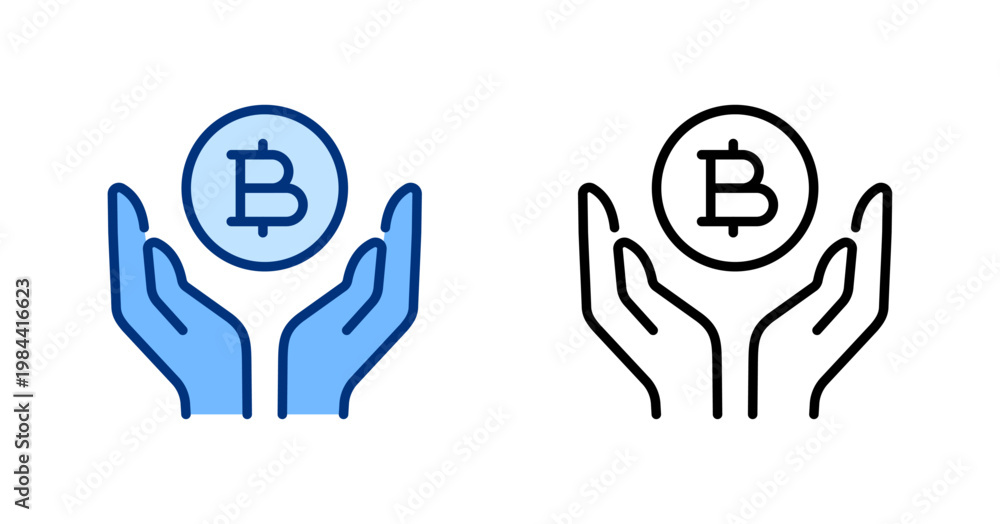 Obraz premium Sell Crypto thin line, solid icon set. Cryptocurrency, Financial Technology, Finance, Bitcoin, Fintech, Trading concept. Black, blue outline vector icons.