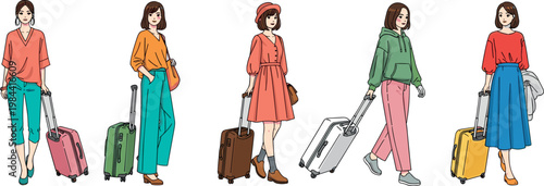 Traveling Woman Vector Set with Luggage and Stylish Outfits for Vacation, Adventure, and Travel Illustrations