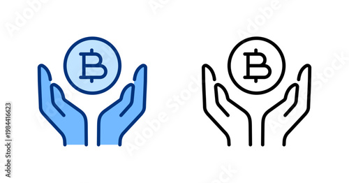 Sell Crypto thin line, solid icon set. Cryptocurrency, Financial Technology, Finance, Bitcoin, Fintech, Trading concept. Black, blue outline vector icons.