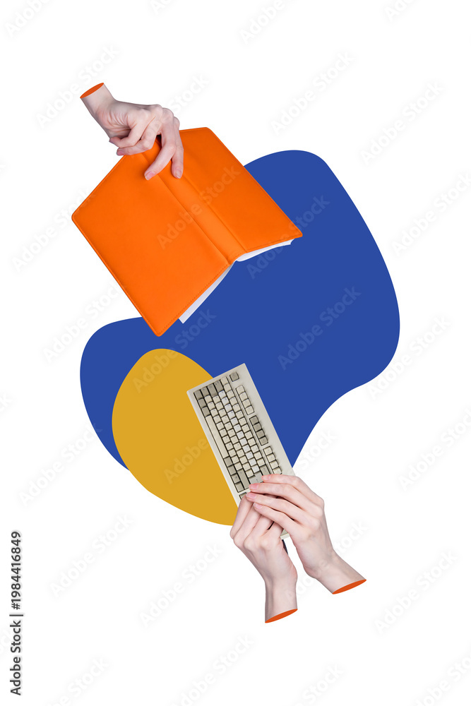 Fototapeta premium Vertical photo collage of people exchange book vs keypad computer equipment office workers student planner isolated on painted background