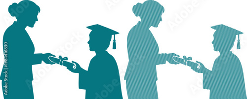 Teal silhouettes of people passing diplomas graduation