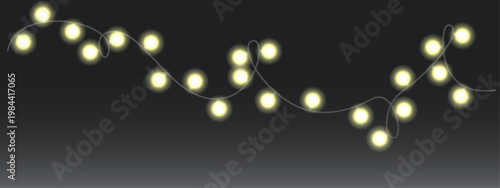 Lightbulb garland. Colorful Christmas lights string. Garland line tangled with bulbs. Glowing Xmas festive decoration with hanging retro lamps Isolated transparent background. Vector design element