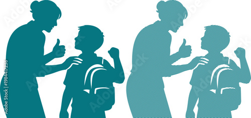 Teal silhouettes of adults and children with backpacks giving thumbs up
