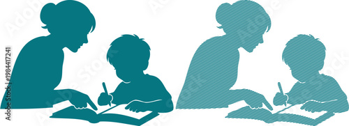 Teal silhouettes of adults and children reading and writing