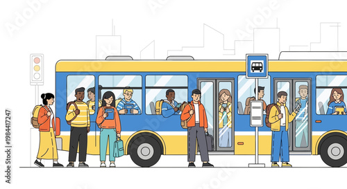 Diverse group of people waiting for bus at city stop, commuting, public transport concept