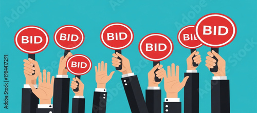 Auction Bidding Concept with Hands Holding Bid Signs for Business Competition, Online Sales, Price Offers, and Marketplace Design