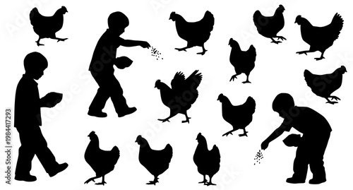 Dynamic boy feeding chickens silhouettes with playful farm activity and scattered composition