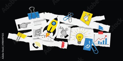 Business Startup Concept Collage with Rocket Launch, Light Bulb, Growth Chart, and Paper Notes on Black Background for Creative Designs