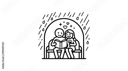 Couple Reading Under Umbrella in the Rain