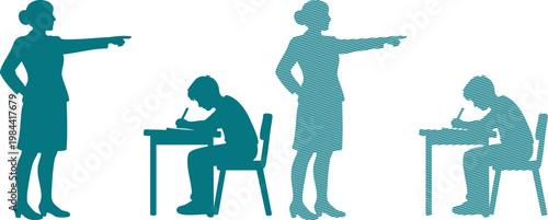 Teacher scolding students in classroom setting with silhouettes