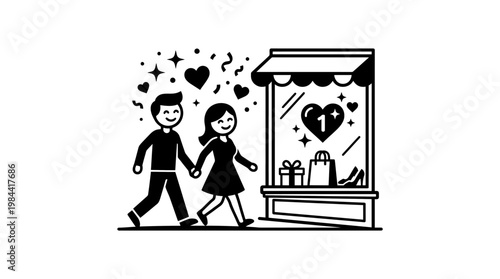 Couple Strolling Past a Shopfront with Valentine's Day Decorations