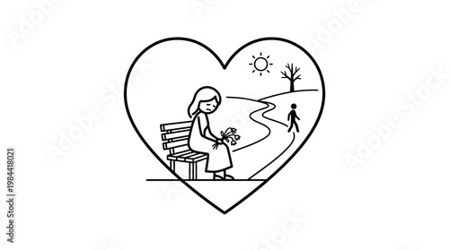 Sad Woman Holding Flowers Inside a Heart