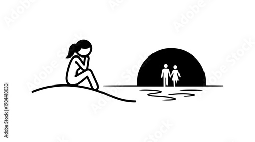 Lonely Woman Watching Happy Couple at Sunset