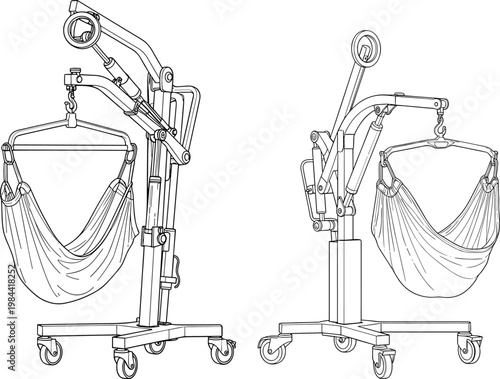 Technical line drawings of patient lift hoist devices with wheeled bases, articulated arms, suspended slings, and medical mobility equipment illustration
