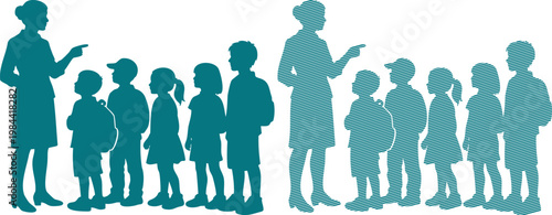 Teal silhouettes of children and teachers standing in two lines