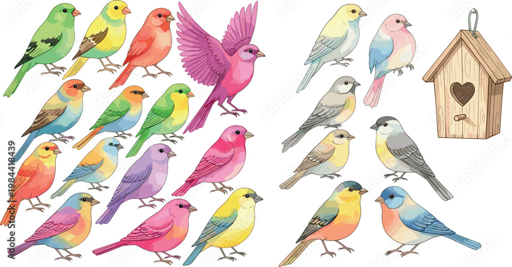Fototapeta premium Colorful Watercolor Bird Collection with Cute Songbirds in Various Colors and Wooden Birdhouse Isolated on White Background Vector
