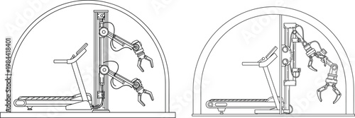 Three-dimensional helical spiral architectural ramp structure with curved segments, vertical rods, rotational symmetry, geometric pathway, and engineering design illustration