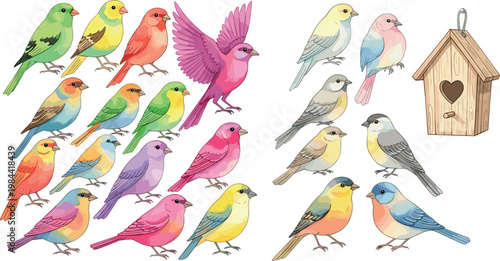 Colorful Watercolor Bird Collection with Cute Songbirds in Various Colors and Wooden Birdhouse Isolated on White Background Vector