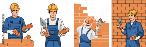 Vector illustration set of a male construction worker building a brick wall with a trowel, ideal for construction, labor, and handyman-related designs