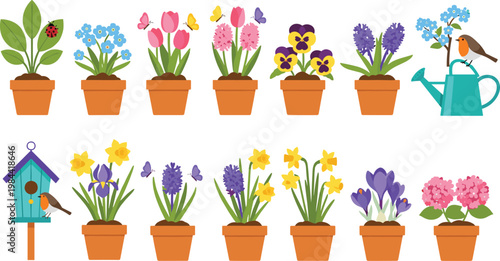 Set of flat vector spring garden icons with flowers in pots birdhouse watering can and robin bird isolated on white background for seasonal gardening design