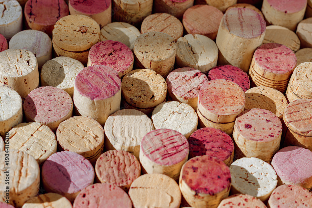 Naklejka premium Many wine cork from white and red wine, natural texture bottle stoppers top view, colorful background from closeup wooden corks. Natural textured stoppers at sunlight. Winery, winemaking concept