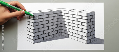 Hand Drawing Brick Wall Perspective Sketch with Marker Pen for Architecture Design, Construction Planning, Masonry Concepts, and Building Illustration