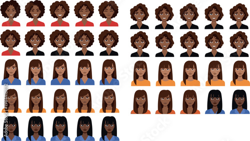 Vector illustration set of diverse female characters with various hairstyles and outfits, ideal for avatars, character design, and diverse representation