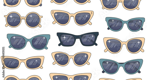 trendy sunglasses pattern featuring various retro frames and colorful lenses in a flat design style for summer and beach fashion backgrounds.