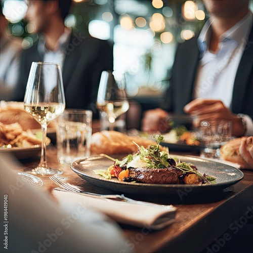 Elegant Formal Dining Scene with Gourmet Food and Glasses of White Wine in Modern Restaurant
