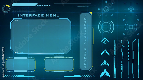 Futuristic user interface elements with glowing blue accents and holographic displays, perfect for sci-fi applications and digital dashboards
