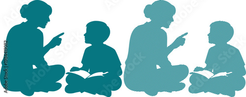 Teal silhouettes of adults and children reading and pointing